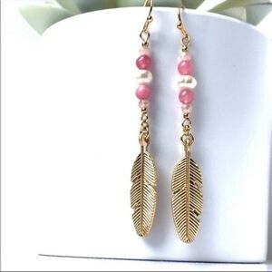 Fresh Water Pearl Glass Bead Feather Gold Dangle Boho Earrings